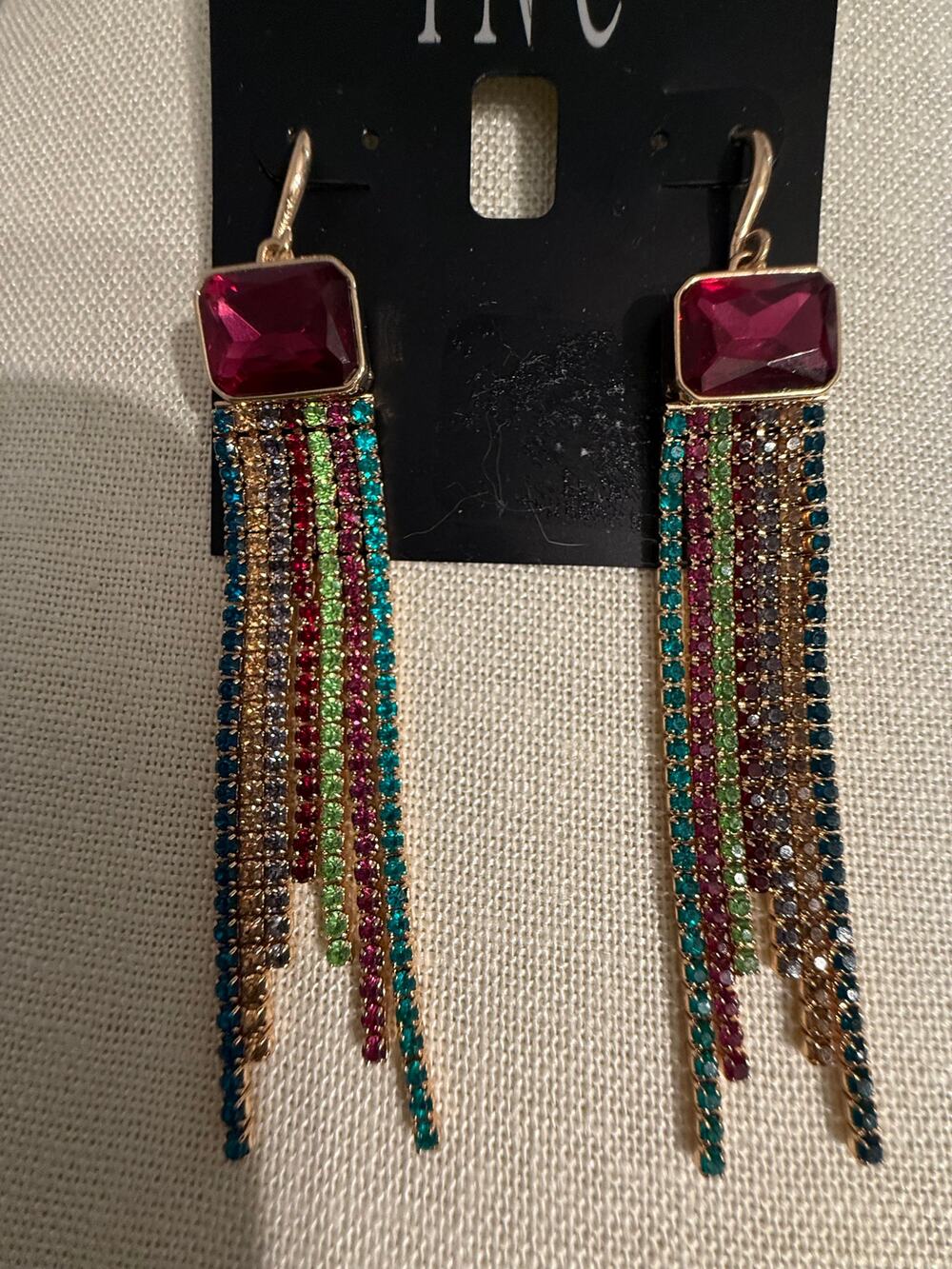 Authentic Vintage Macy’s Inc. Old Stock Rhinestone Fringe Earrings Gold Tone